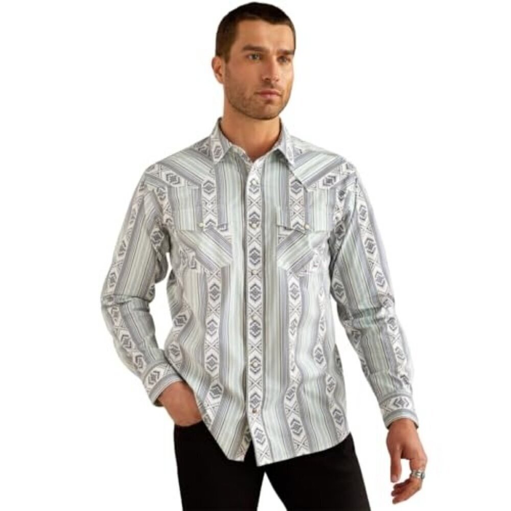 Ariat Men's Heller Retro Fit Aztec Stripe Print Snap Shirt Blue 10054704